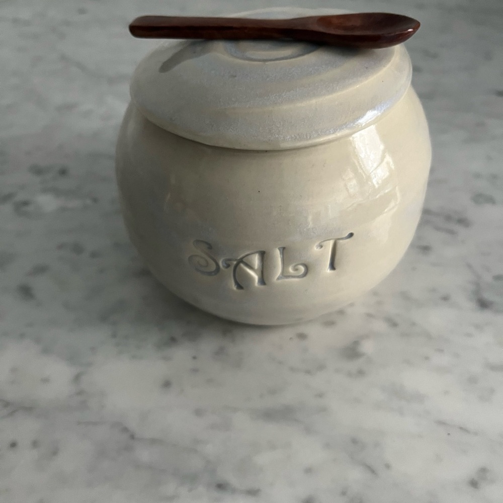 New Ceramic Salt Cellar with Wooden Spoon